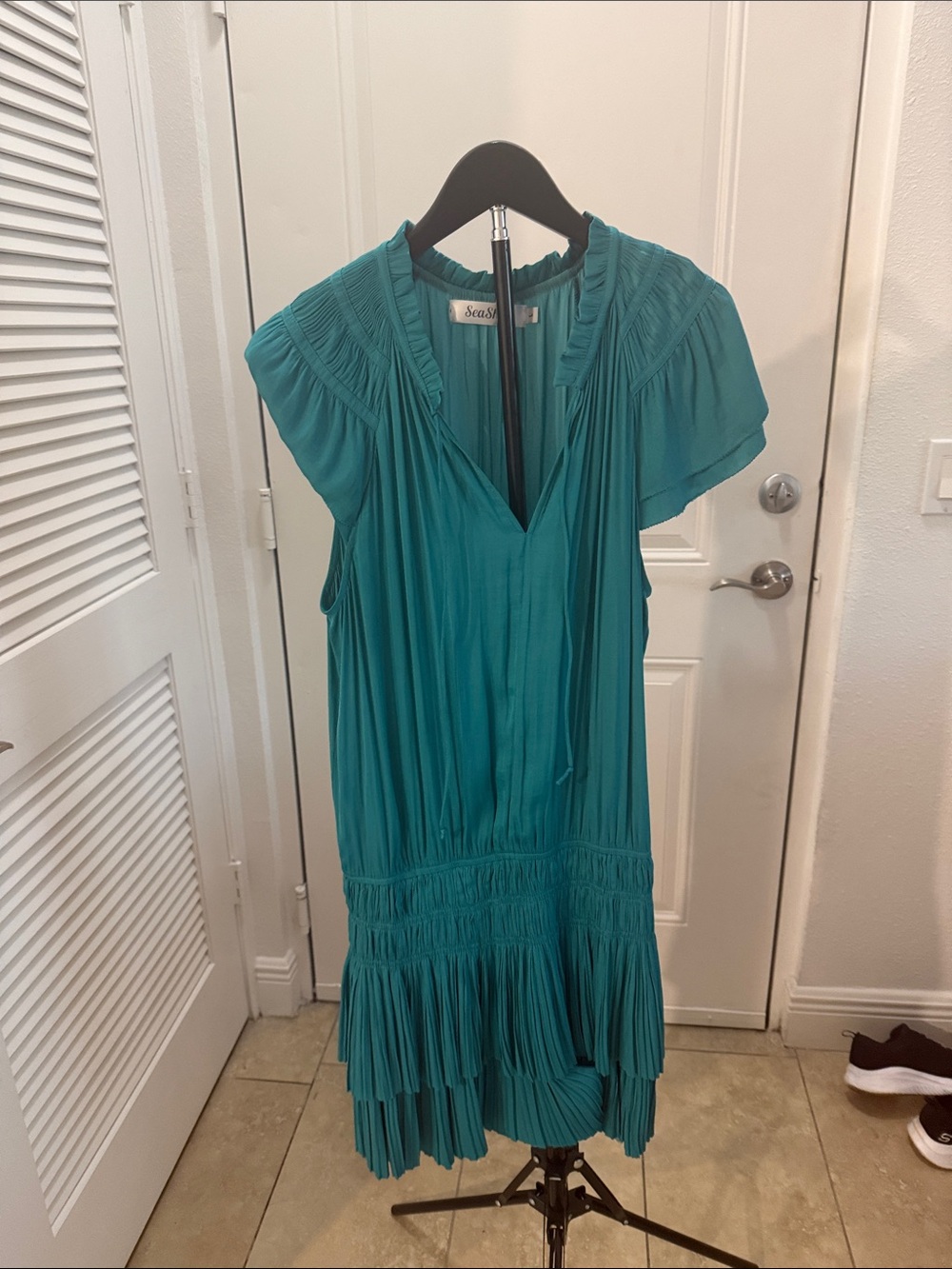 Teal Pleated V-Neck Women's Dress
